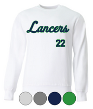 Load image into Gallery viewer, Adult & Youth- LANCERS Script, CUSTOM # - Cotton or Drifit Crewneck Sweatshirt