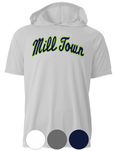 Load image into Gallery viewer, ADULT or YOUTH- A4 Drifit Cooling Performance SHORT or LONG Sleeve Hooded TEE- Mill Town Script Arch