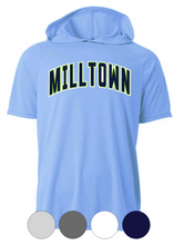 Load image into Gallery viewer, ADULT or YOUTH- A4 Drifit Cooling Performance SHORT or LONG Sleeve Hooded TEE- Mill Town Block Arch