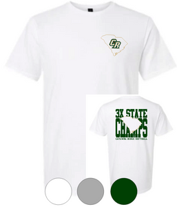 Adult & Youth CRHS 3x State Champ **on back**, front pocket SC outline Short Sleeve TEE