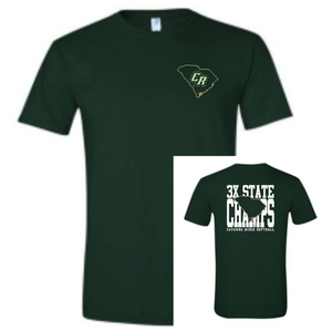Adult & Youth CRHS 3x State Champ **on back**, front pocket SC outline Short Sleeve TEE