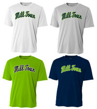 Load image into Gallery viewer, ADULT- Mill Town Arched Script- Short Sleeve Drifit OR Cotton Tee
