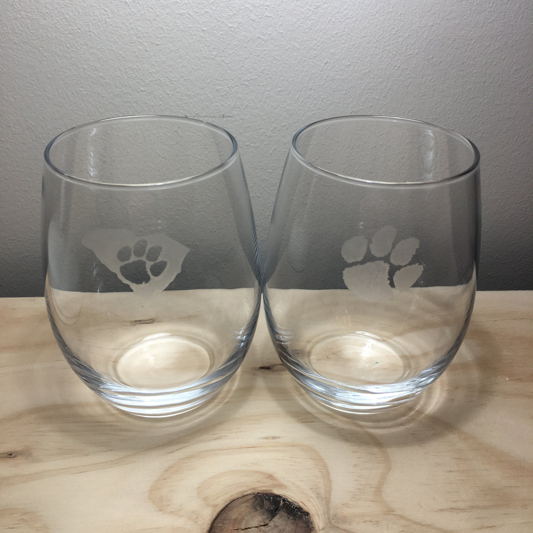 Tiger paw etched stemless wine glass set (2)