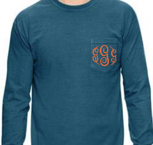 Load image into Gallery viewer, &quot;Topaz Blue&quot; - Long Sleeve Comfort Color with Pocket &amp; Monogram
