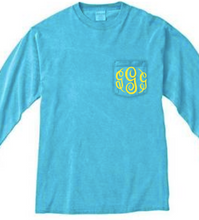 Load image into Gallery viewer, &quot;Lagoon&quot; - Long Sleeve Comfort Color with Pocket &amp; Monogram
