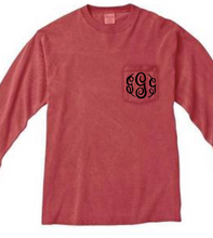 Load image into Gallery viewer, &quot;Crimson&quot; - Long Sleeve Comfort Color with Pocket &amp; Monogram
